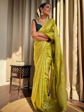 Luxury Designer Silk Yellow Saree With Blouse Bollywood Bridal South Indian Sari