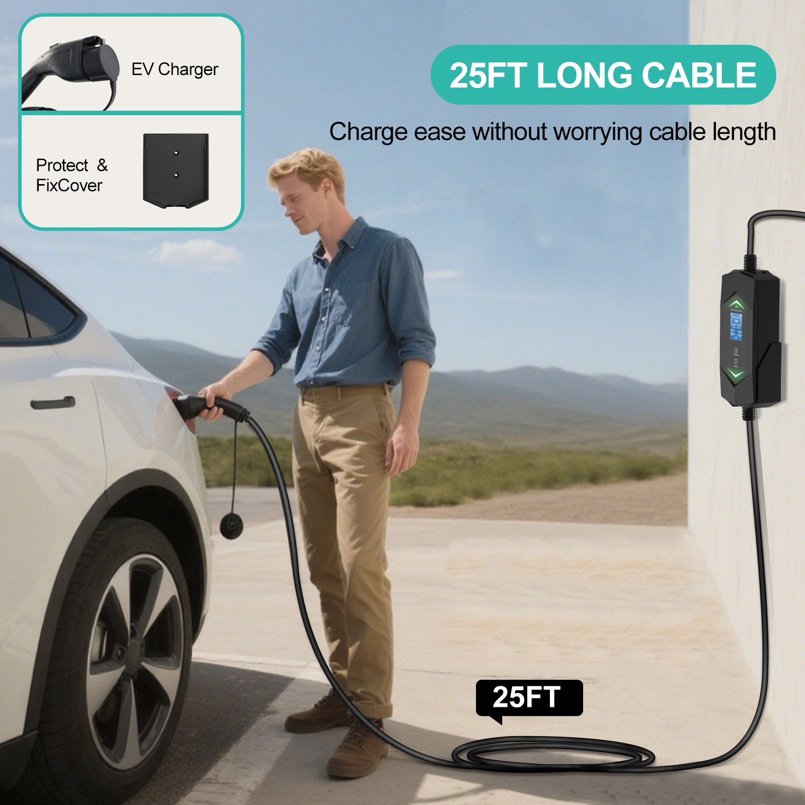 9.6kw Level 2 EV Charger 40 Amp - Smart Display,  25ft Cable Outdoor，with app