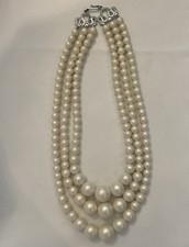 1950s Vintage Faux Pearl Collar Necklace 3 Strand with Silvertone Clasp