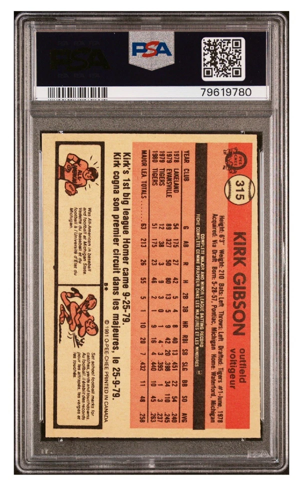 1981 O-Pee-Chee - Kirk Gibson #315 (RC) PSA 9 (MC) Rookie Card Dodgers Tigers WS - Image 2 of 4