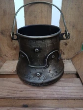 Primitive Cauldron Pail Bucket Pot Hand Crafted Handle Tin Brass Metal