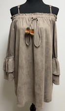 KLD Signature Faux Suede Boho Off-the-Shoulder Tunic Mini Dress S Made in USA