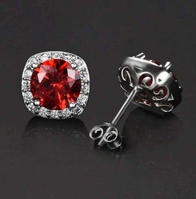 2.20 Ct Lab Created Round Ruby Halo Stud Earrings 14K White Gold Plated
