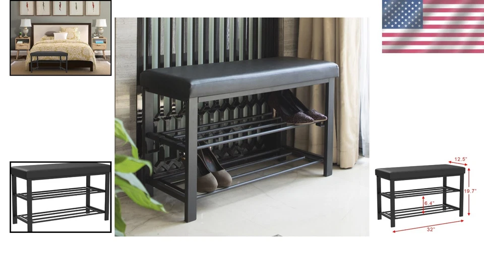 Zapatero de entrada compacto con cómodo asiento acolchado y 2 estantes Foto 2 de 4