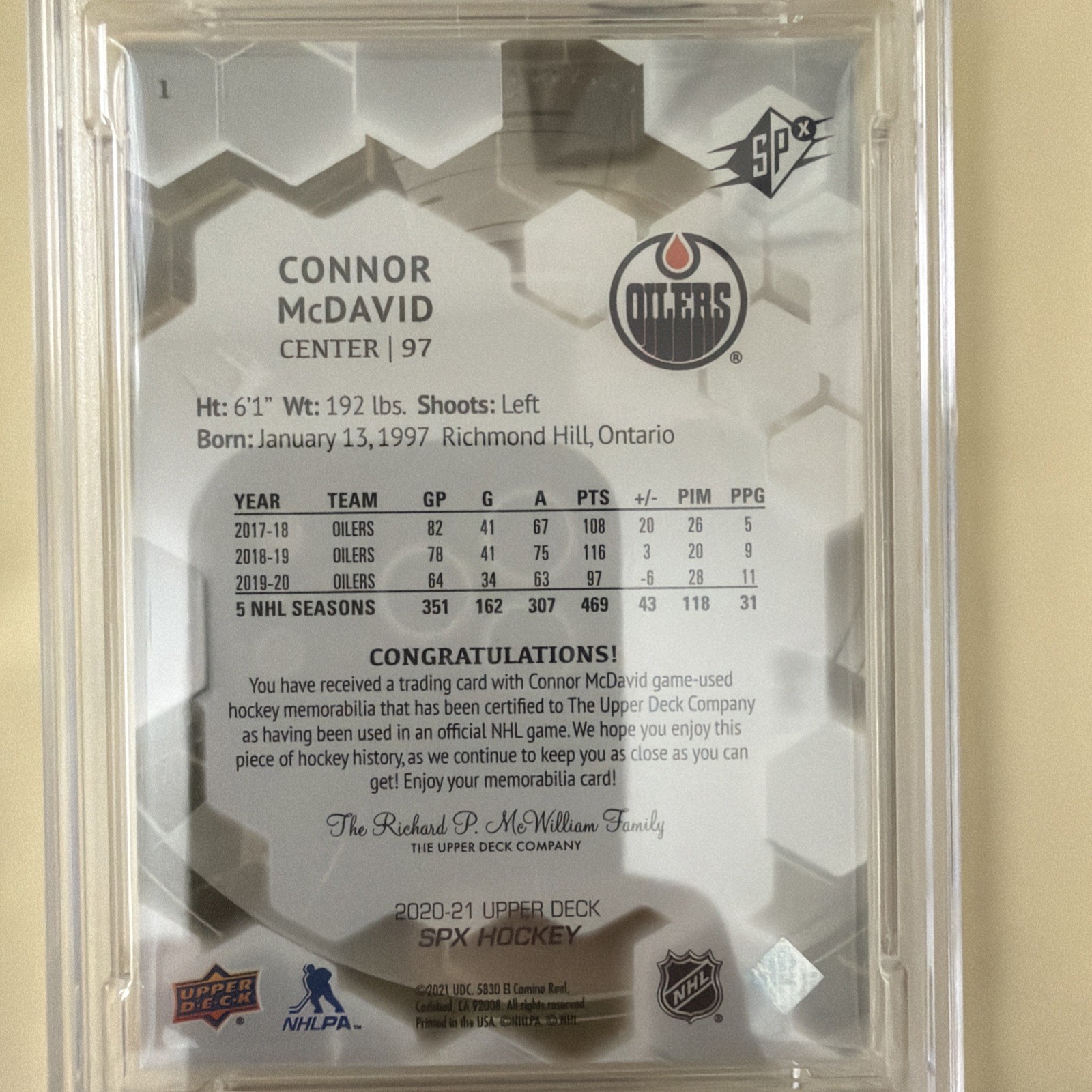 2020-21 Upper Deck SPx Connor McDavid #1 Jersey Memorabilia PSA 8 view 5