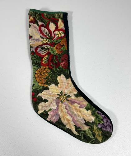 Vintage Tapestry Christmas Stocking Poinsettia Floral Velvet Back Holiday Mantel