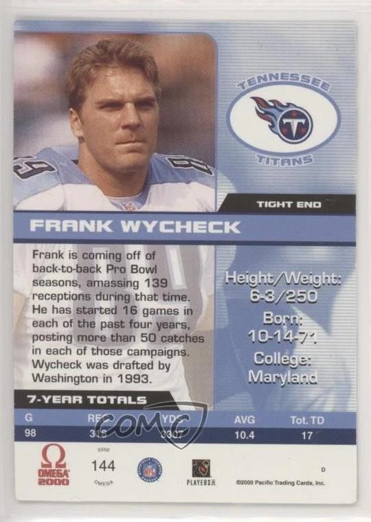 2000 Pacific Omega Premiere Date /92 Frank Wycheck #144 - Image 2 of 2