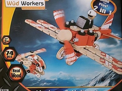 Wüd Workers Construction Set Flugzeug & Helikopter 74 Teile Holzspielzeug Set