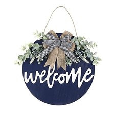 Welcome Sign for Front Door Round Wood Sign Hanging for Farmhouse porch Blue