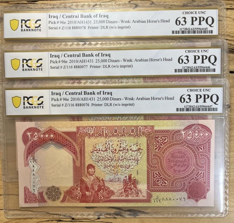 2010 Iraq 25,000 Dinars 3 Sequential Notes PCGS Ch. Unc. 63 PPQ D643