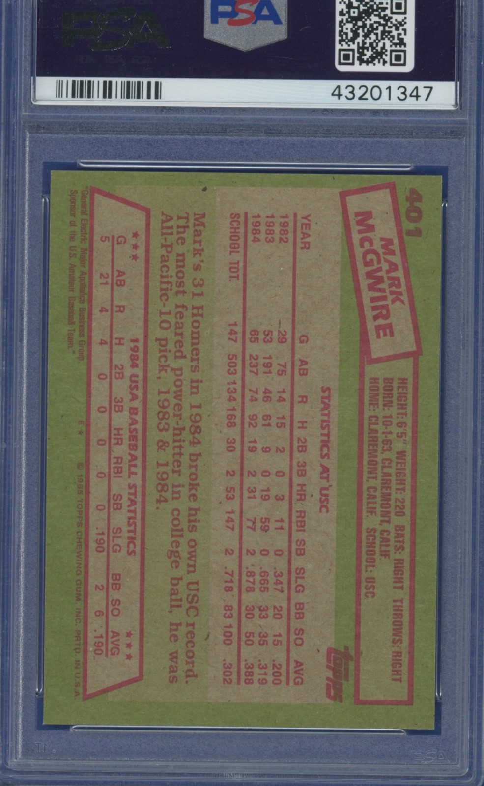 1985 Topps #401 Mark McGwire PSA 9 USA Olympics RC view 2