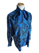 Escada Vtg Silk Bow Blouse 36 Blue Abstract Leaf Print Tie Neck Button Front