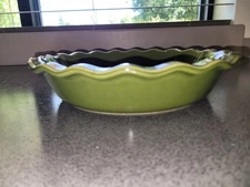 Emile Henry Dark Green 9" Ceramic Round Ruffled Pie Plate Baking Dish