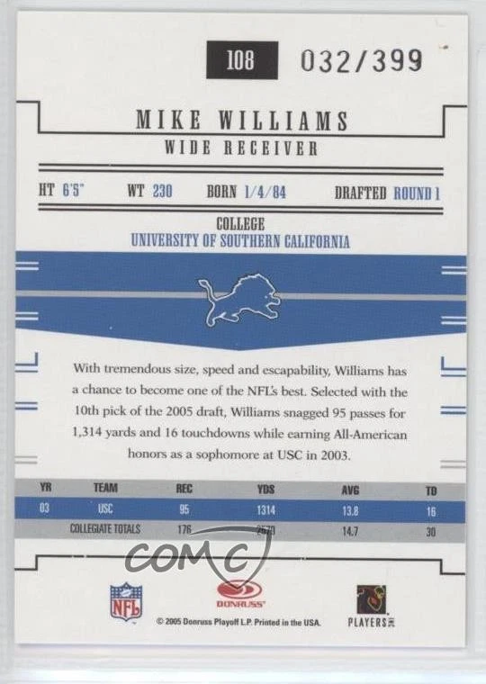 2005 Donruss Gridiron Gear Rookie /399 Mike Williams #108 Rookie RC - Image 2 of 2