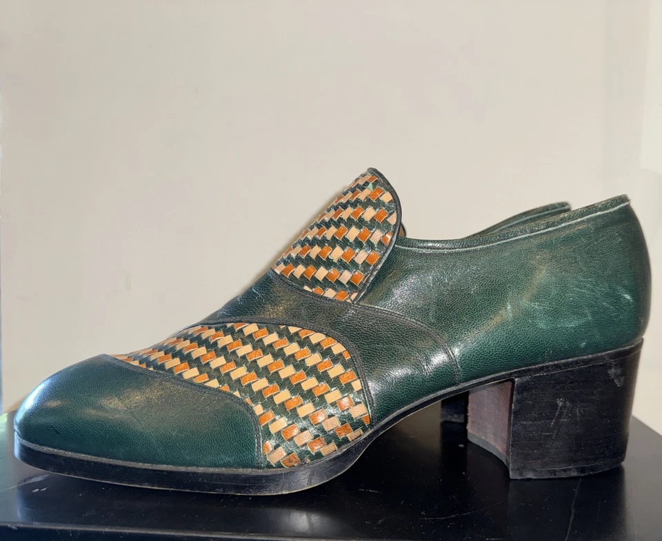 Zapatos de vestir de plataforma de los años 70 de colección para hombre talla 10 D traje de discoteca de cuero verde ¡BONITO!! Foto 4 de 4