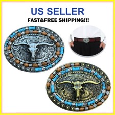 Western Cowboy Belt Buckle Men Women Turquoise Cow Skull Longhorn Belt Buckle