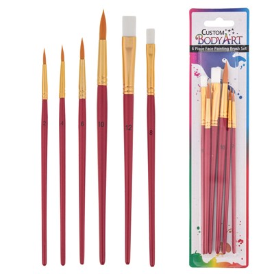 6 Piece Nylon Hair Face Painting Brush Set 4 Round Sz. 2-4-6-10, 2 Flat Sz. 8-12