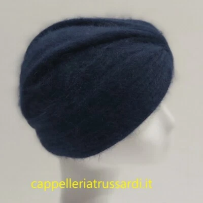 Chapeau Cuffia Turban En Laine Angora Bleue Fabriqué En Italie - Photo 1/4