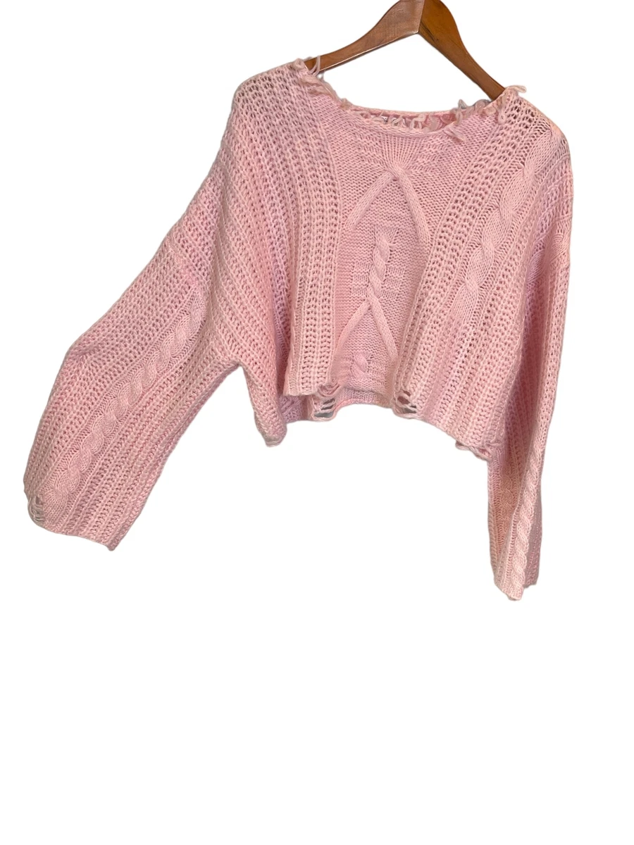Cloud Ten Pink Distressed Wide Neck Cropped Sweater Pink Size M