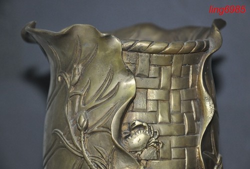 Chinese brass Lotus flower animal Loong dragon statue brush pot pencil vase - Picture 2 of 10