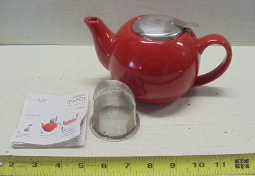Primula 24oz Ceramic Teapot with Stainless Loose Leaf Tea Infuser Red NEW ? - Picture 2 of 4