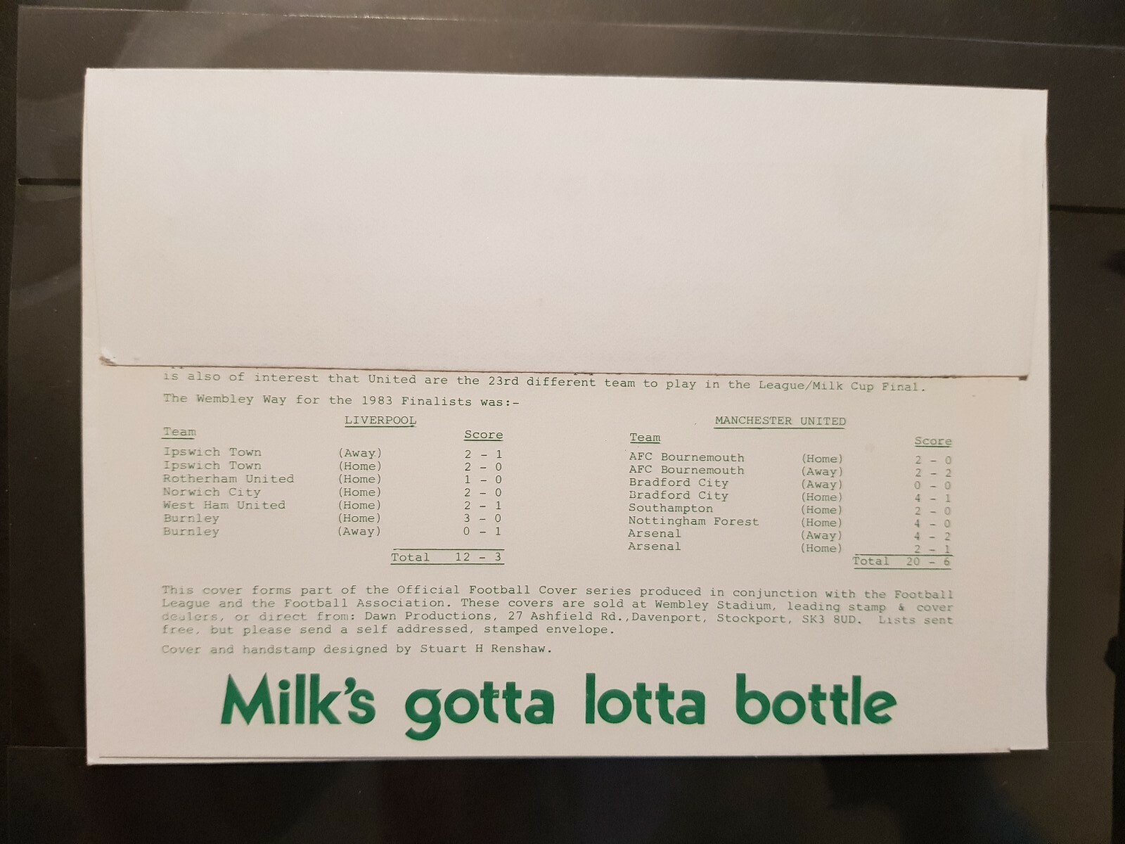 1983 LIVERPOOL V MAN UTD MILK CUP FINAL DAWN COVER PRODUCTIONS FIRST