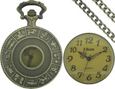 EIKON ANTIQUE GOLD TONE,DIAL,CHAIN,GRANDPA POCKET LOCKET WATCH+12 ZODIAC SIGNS