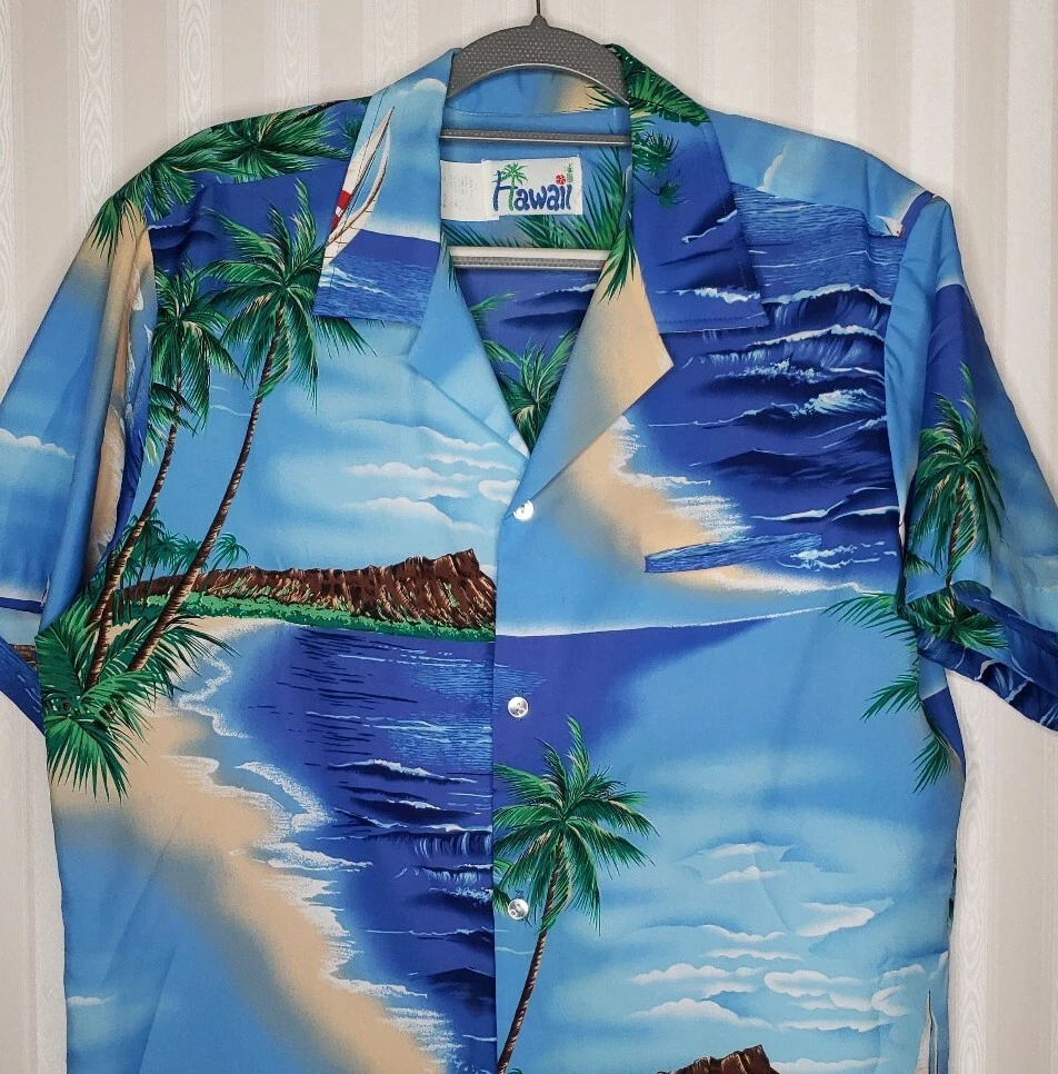 Hawaii Mens Sz L Aloha Hawaiian Shirt Luau Cruise Party Tropical Island Blue EUC