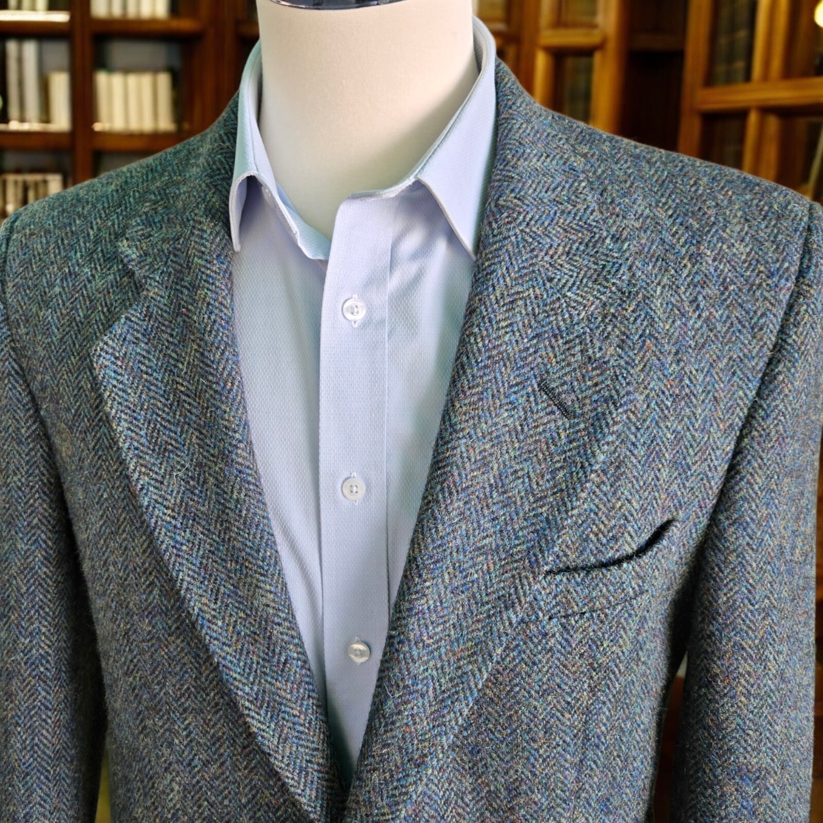 Vtg Harris Tweed Blazer 40R Green Herringbone Alexandre Savile Row Dual Vent