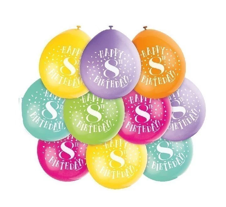UNIQUE 8th Birthday Balloons – Pack of 10 – Age 8 Party Decorations Multicolour