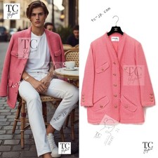 CHANEL 20PF Pink V-Neck Wool Tweed Jacket Coat CC Logo Button Virginie Viard 50