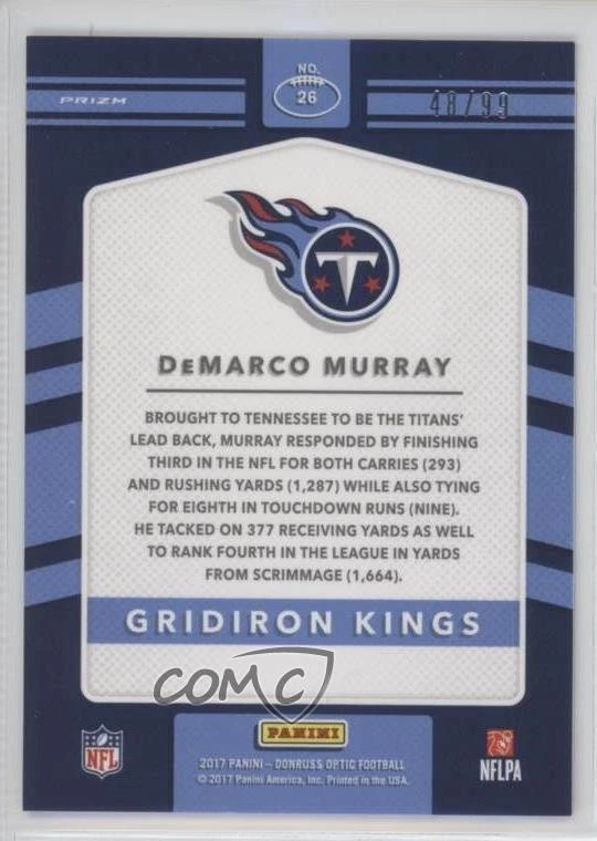 2017 Donruss Optic Gridiron Kings Red Prizm /99 DeMarco Murray #26 - Image 2 of 2