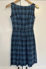 50s Kids TEEN Girls Party Dress Blue Black Plaid 24 W FIT FLARE Mid Century
