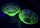 PAIR DEPRESSION RADIUM URANIUM VASELINE GLASS 8" BOWLS JEANNETTE DORIC PATTERN