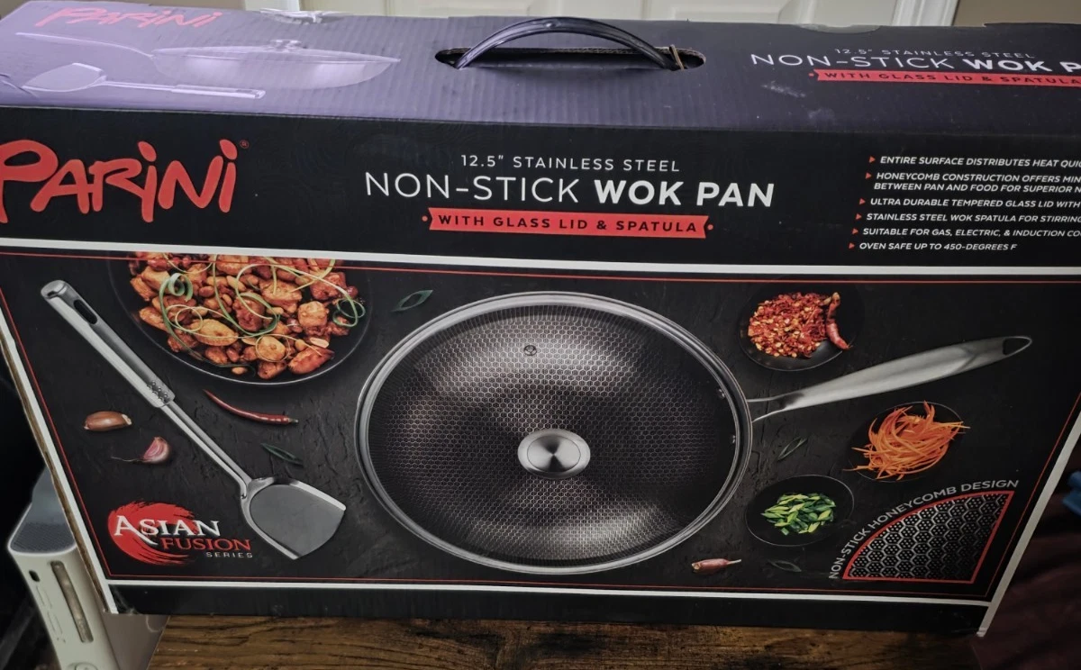 PARINI 12.5" Stainless Steel Non-Stick Wok Pan with Glass Lid and Spatula