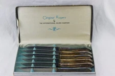 Original Rogers Steak Knives in Box, Stainless Blades, Plated Handles, Patina