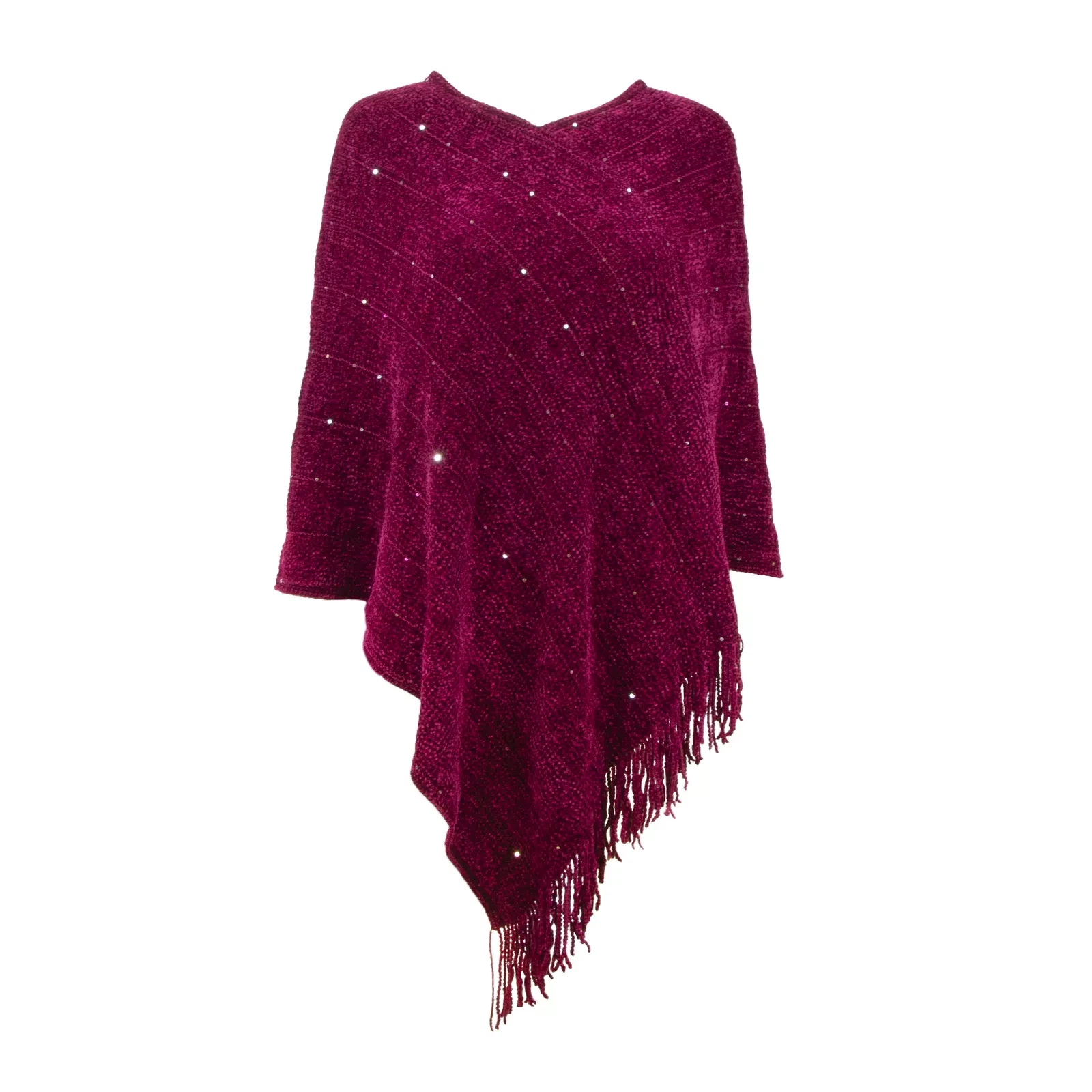 The Skyline Collection Women's Chenille Poncho w/Sequins in Burgundy, One Size