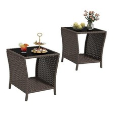 Set of Outdoor Wicker Side Tables - Glass Top & Storage - Dark Brown/Black Glass
