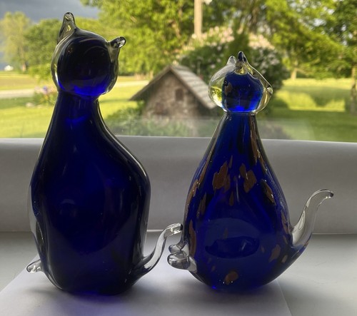 VTG 2 Italian Murano HAND BLOWN GLASS CATS Cobalt Blue Gold LUXURY 8.5” & 7.25”