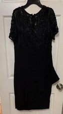 Teri Jon Black Lace Beaded Lined Sheath Dress Short Sleeve Knee Length 12