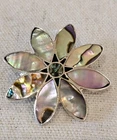 Abalone Alpaca Mexico Flower Brooch, Pendant, Signed