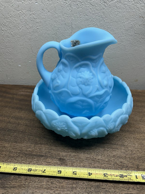 Fenton Blue Satin Glass Water Lily Pattern Pitcher & Matching Basin ~ MCM
