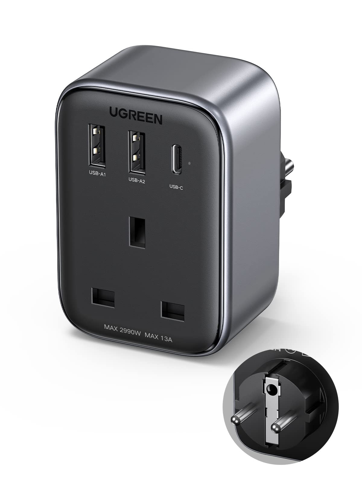 UGREEN UK to European Plug Adapter PD 30W Travel with USB C GaN grey