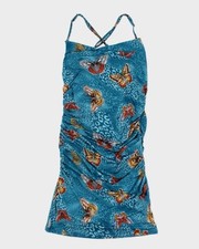 Guess Y2K blue leopard print Butterfly Dress ruched bodycon adj straps sz medium