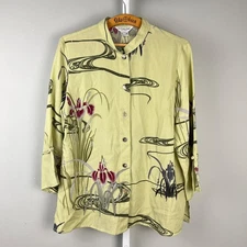 Citron Santa Monica Silk Top Blouse Womens L Green Lily Floral Asian Inspired
