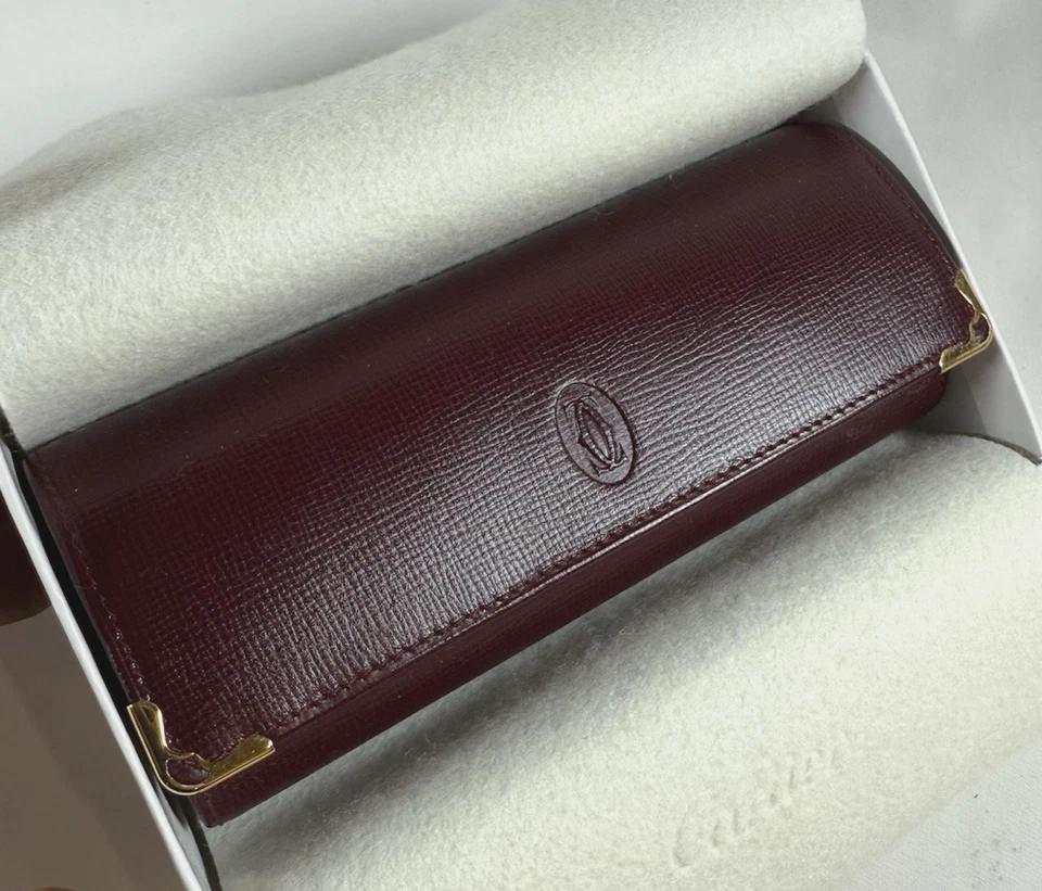 Must de Cartier Authentic Glasses Case Hard Case Bordeaux Red 2C Logo w/Box - Image 2 of 4
