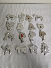 LOT of 16 Vintage Aluminum Cookie Cutters Metal  Wood Handle Santa Dog Star Hen