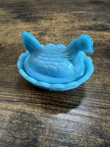 Vintage Mini Blue Milk Glass Hen on Nest Salt Cellar Covered Dish