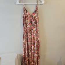 Lulus Womens Rose Print Spaghetti Strap V Neck Slit Front Flowy Maxi Dress Small