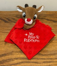 My First Rudolph Reindeer Baby Security Lovey Rattle Plush  Satin Textured